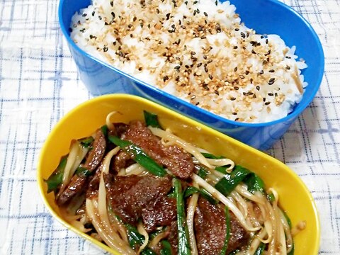 ☆牛肉にらもやし炒め&胡麻ふりかけご飯弁当☆